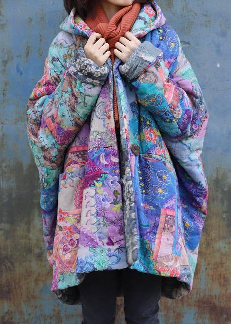 Purple prints overcoat oversized warm winter coat hooded patchwork overcoat - - DYAVOR®