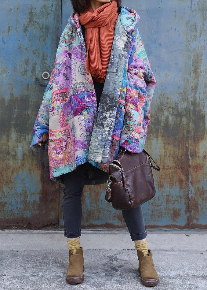 Purple prints overcoat oversized warm winter coat hooded patchwork overcoat - - DYAVOR®
