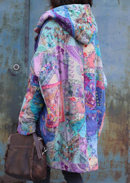 Purple prints overcoat oversized warm winter coat hooded patchwork overcoat - - DYAVOR®