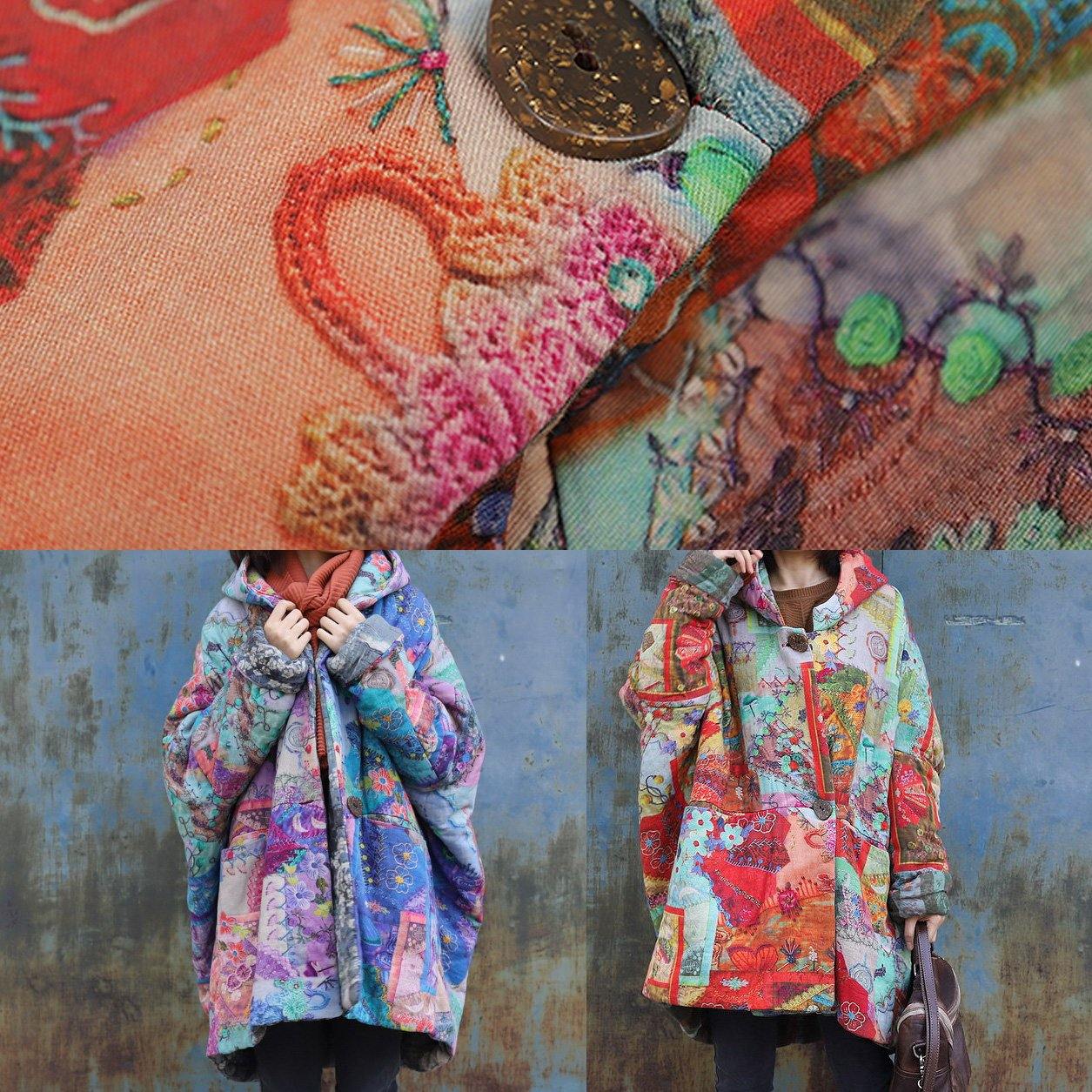 Purple prints overcoat oversized warm winter coat hooded patchwork overcoat - - DYAVOR®