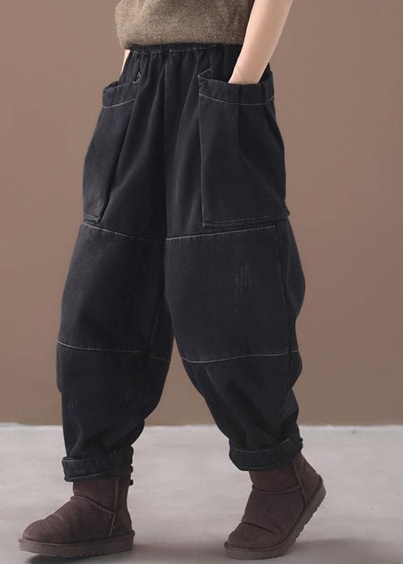 Winter black patchwork cotton pants two pockets thick denim pants - - DYAVOR®