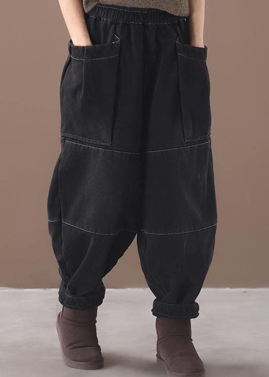 Winter black patchwork cotton pants two pockets thick denim pants - - DYAVOR®