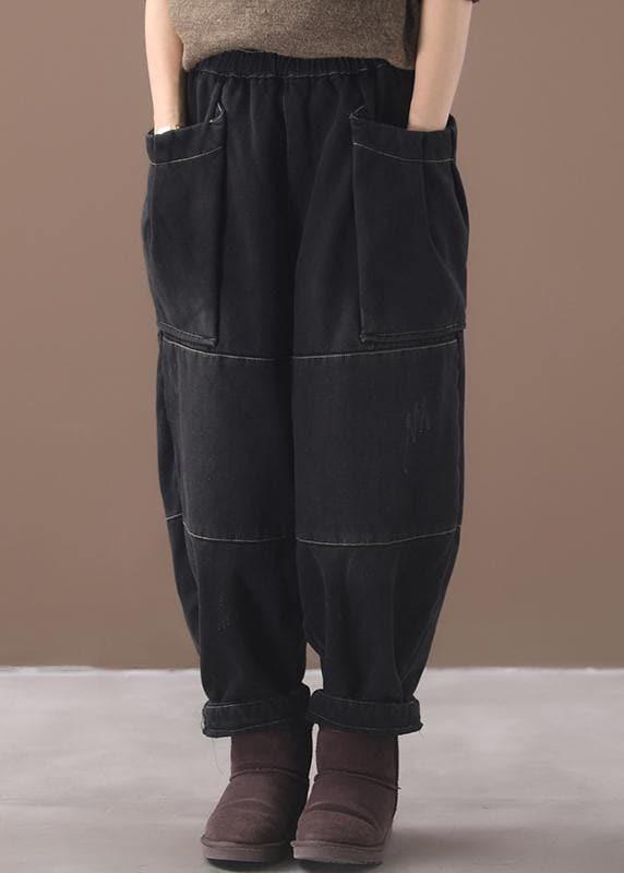 Winter black patchwork cotton pants two pockets thick denim pants - - DYAVOR®