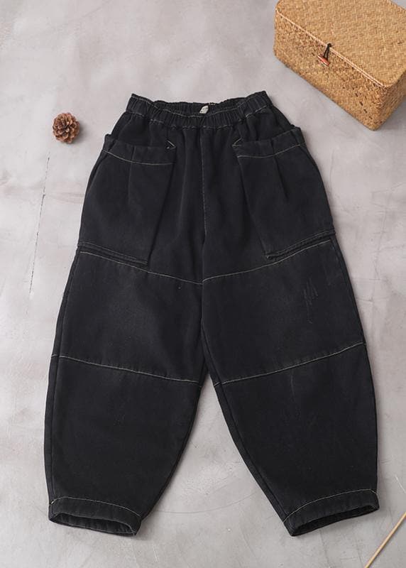 Winter black patchwork cotton pants two pockets thick denim pants - - DYAVOR®