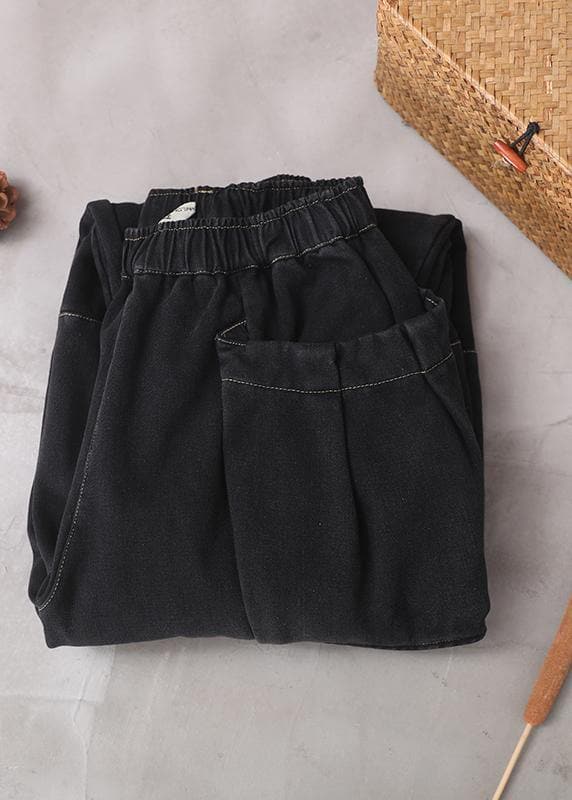 Winter black patchwork cotton pants two pockets thick denim pants - - DYAVOR®