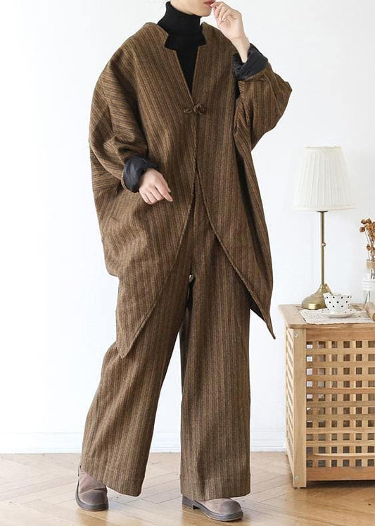 2021 new wool blended khaki two pieces casual asymmetric tops and pant - Trench coats - DYAVOR®