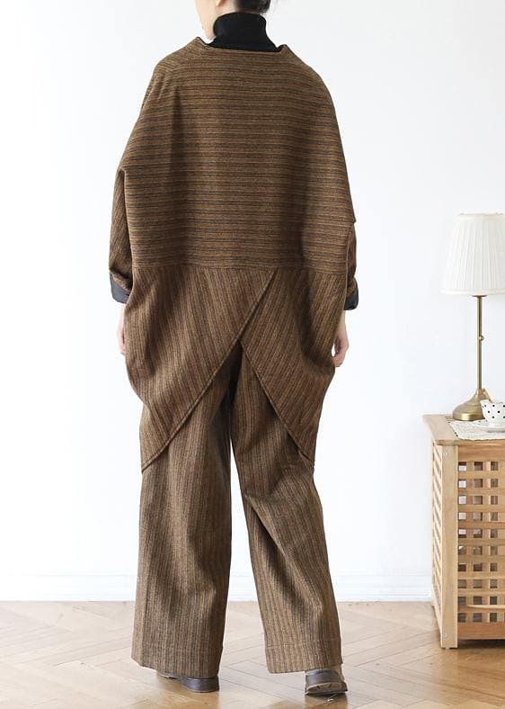 2021 new wool blended khaki two pieces casual asymmetric tops and pant - Trench coats - DYAVOR®