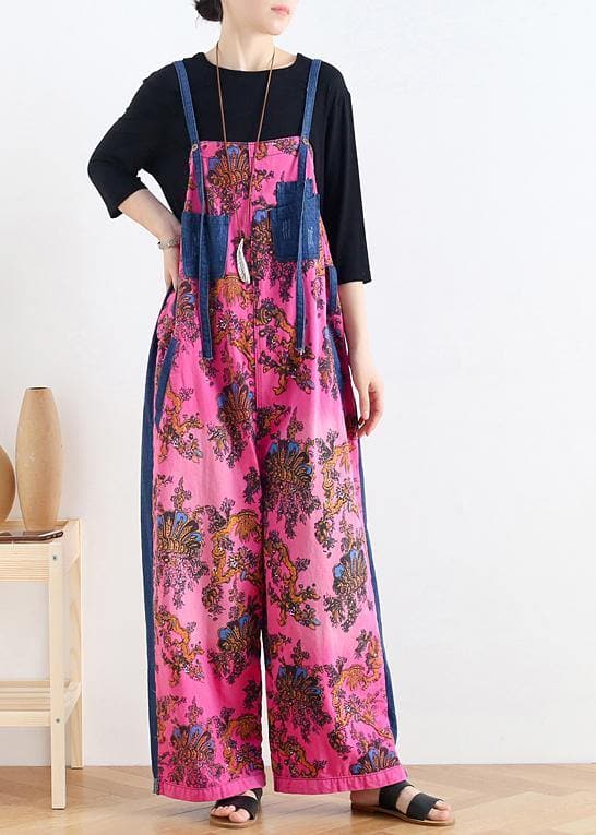 Retro national style rose printed loose denim overalls - - DYAVOR®