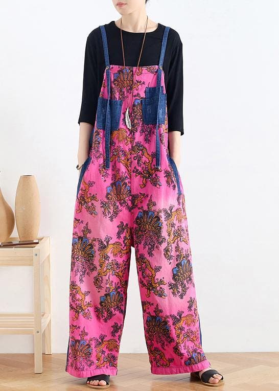Retro national style rose printed loose denim overalls - - DYAVOR®