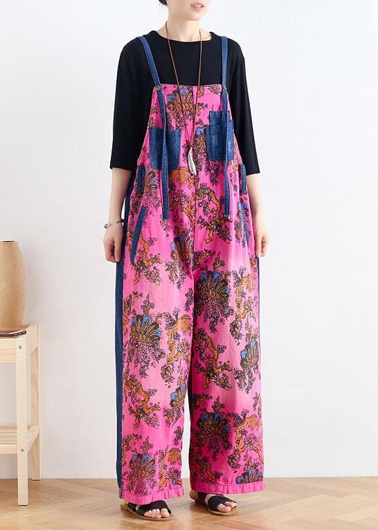 Retro national style rose printed loose denim overalls - - DYAVOR®