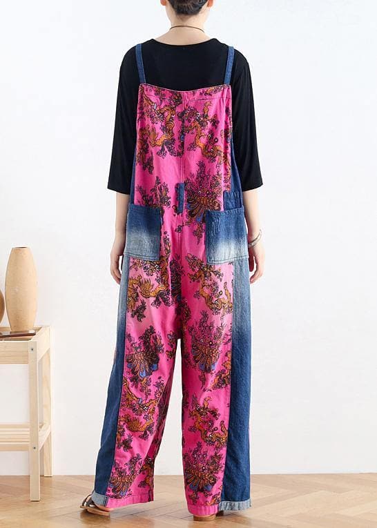Retro national style rose printed loose denim overalls - - DYAVOR®