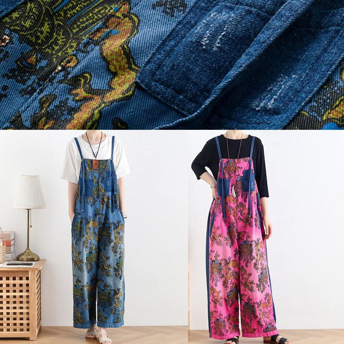 Retro national style rose printed loose denim overalls - - DYAVOR®