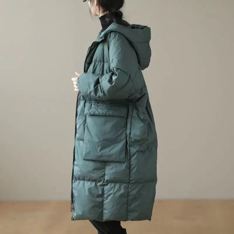 Plus Size Green hooded Zippered Pockets Winter Down Coat Long sleeve - Down Jackets - DYAVOR®