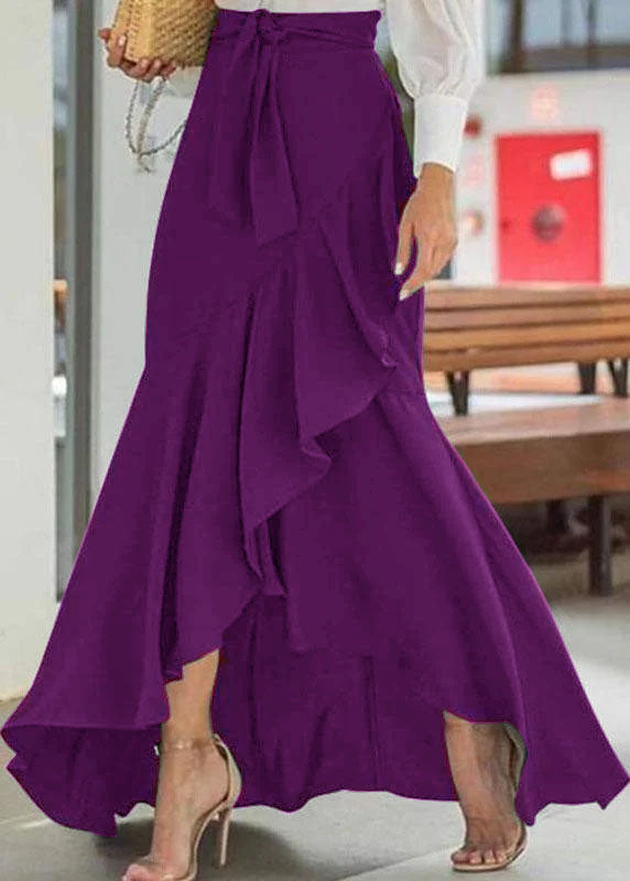 Solid Color High Waist Ruffle High Low Hem Swing Maxi Skirts For Women - Skirts - DYAVOR®