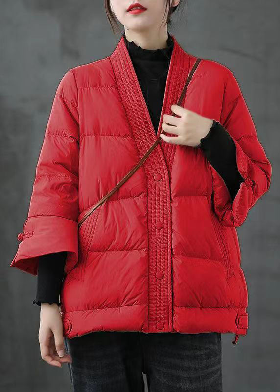 Red V Neck Button Thick fashion Winter Duck Down Jackets - Down Jackets - DYAVOR®