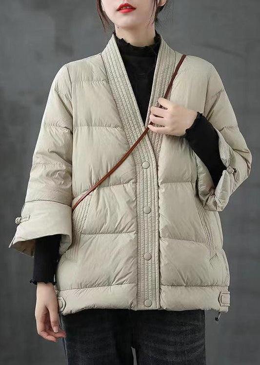Beige  V Neck Button Thick fashion Winter Duck Down Jackets - Down Jackets - DYAVOR®
