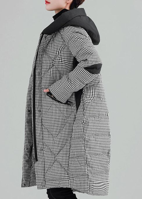 Luxury Plus Size Clothing Outwear Black Plaid Hooded Pockets Zippered Parkas - - DYAVOR®