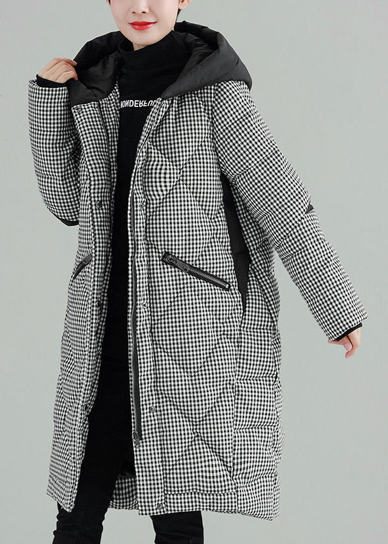 Luxury Plus Size Clothing Outwear Black Plaid Hooded Pockets Zippered Parkas - - DYAVOR®