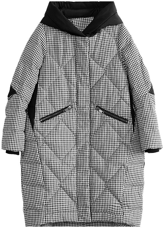 Luxury Plus Size Clothing Outwear Black Plaid Hooded Pockets Zippered Parkas - - DYAVOR®