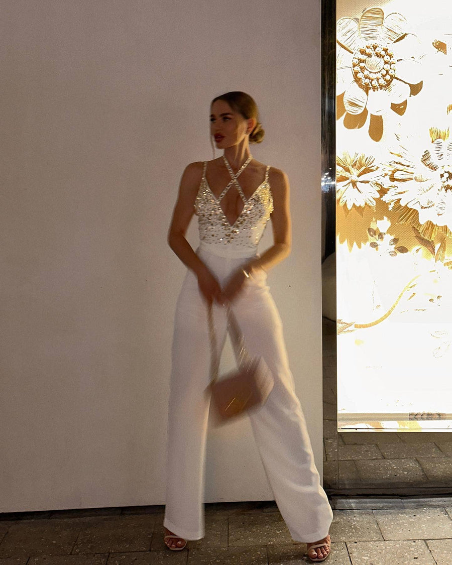 V-neck White Jumpsuit - - DYAVOR®