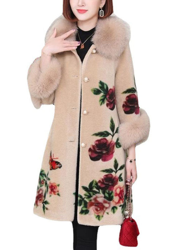 Apricot Print Button Thick Winter Long sleeve Coat - Down Jackets - DYAVOR®