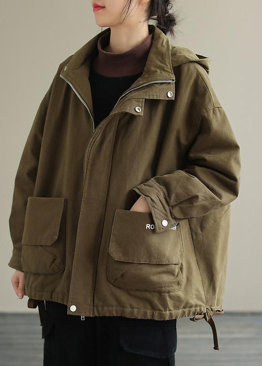 Army Green Zippered Cotton Hooded Cotton Coats Long Sleeve - Down Jackets - DYAVOR®