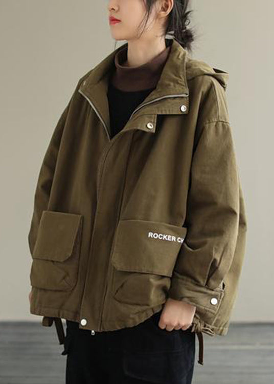 Army Green Zippered Cotton Hooded Cotton Coats Long Sleeve - Down Jackets - DYAVOR®