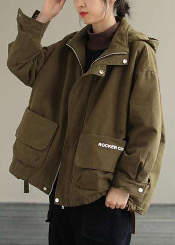 Army Green Zippered Cotton Hooded Cotton Coats Long Sleeve - Down Jackets - DYAVOR®