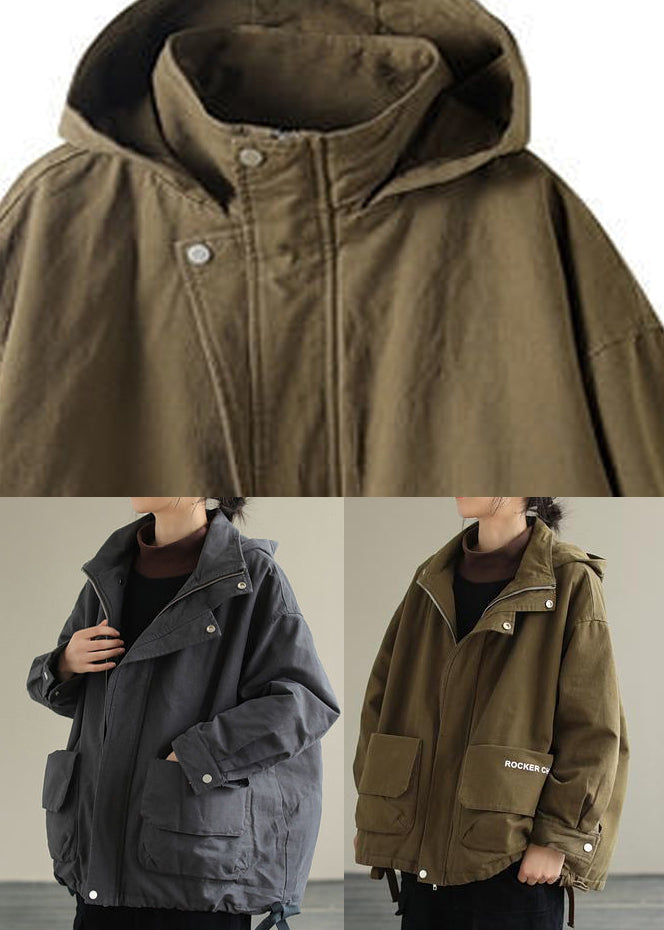 Army Green Zippered Cotton Hooded Cotton Coats Long Sleeve - Down Jackets - DYAVOR®
