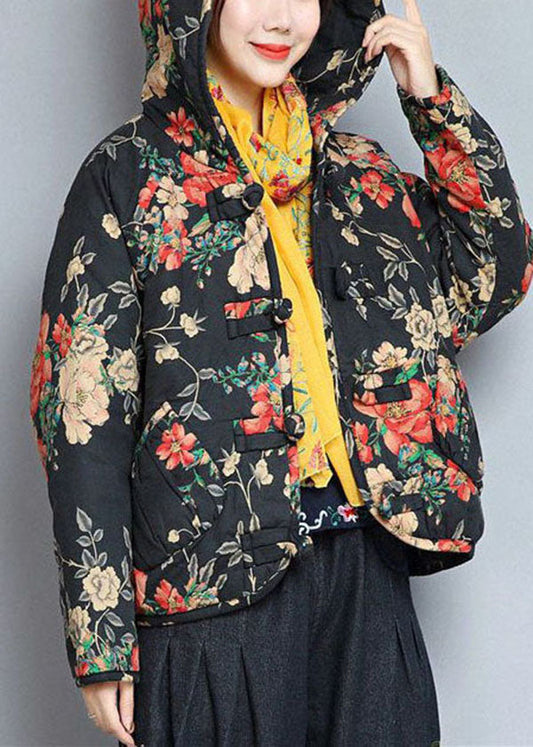 Art Black Hooded Pockets Print Fine Cotton Filled Womens Coats Winter - Down Jackets - DYAVOR®