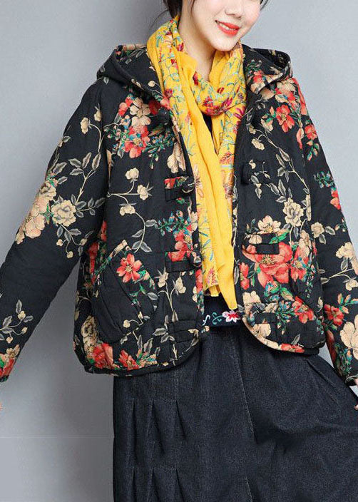Art Black Hooded Pockets Print Fine Cotton Filled Womens Coats Winter - Down Jackets - DYAVOR®