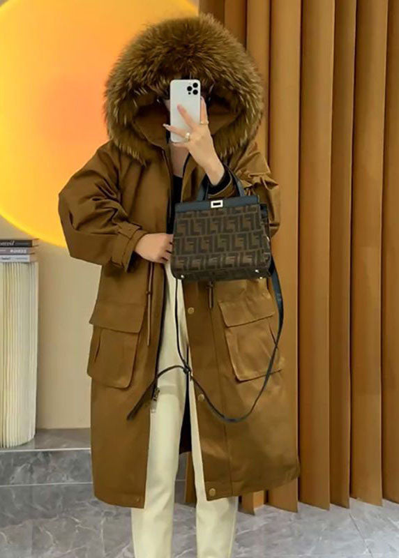 Art Caramel Faux Fur Collar Drawstring Pockets Womens Parka Winter - Down Jackets - DYAVOR®