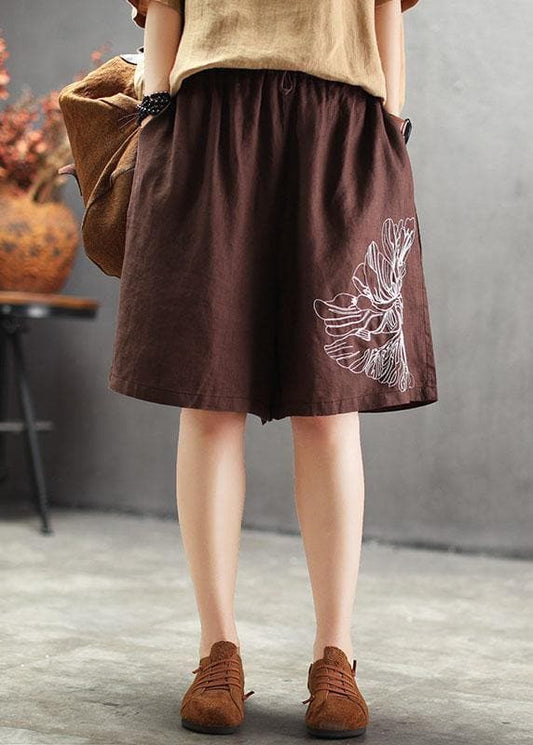 Art Chocolate Embroideried tie waist Linen hot Pants - Shorts - DYAVOR®
