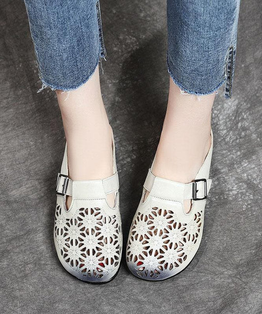 Art Hollow Out Beige Genuine Leather Slide Sandals - Slide Sandals - DYAVOR®