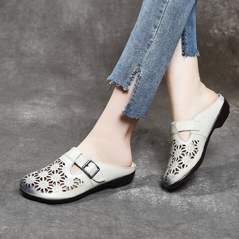 Art Hollow Out Beige Genuine Leather Slide Sandals - Slide Sandals - DYAVOR®