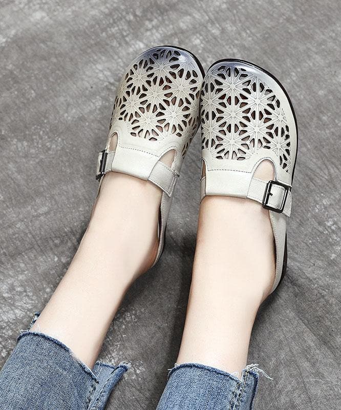 Art Hollow Out Beige Genuine Leather Slide Sandals - Slide Sandals - DYAVOR®