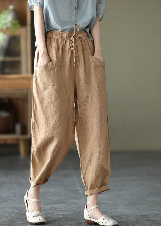 Art Khaki Tie Waist Pockets Summer Harem Pants Linen - Pants - DYAVOR®