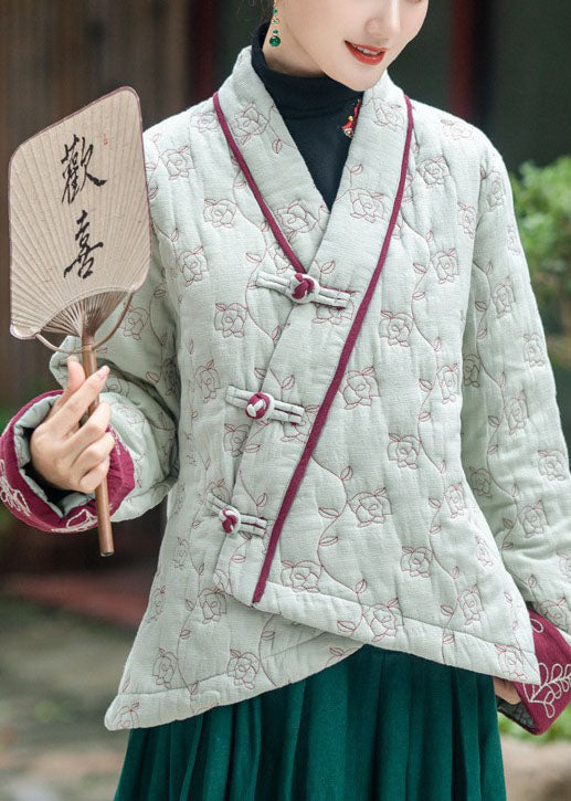 Art Light Green Embroideried Oriental Button Fine Cotton Filled Coats Winter - Down Jackets - DYAVOR®