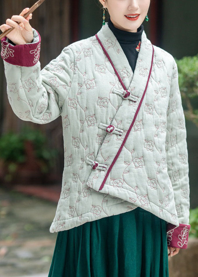 Art Light Green Embroideried Oriental Button Fine Cotton Filled Coats Winter - Down Jackets - DYAVOR®