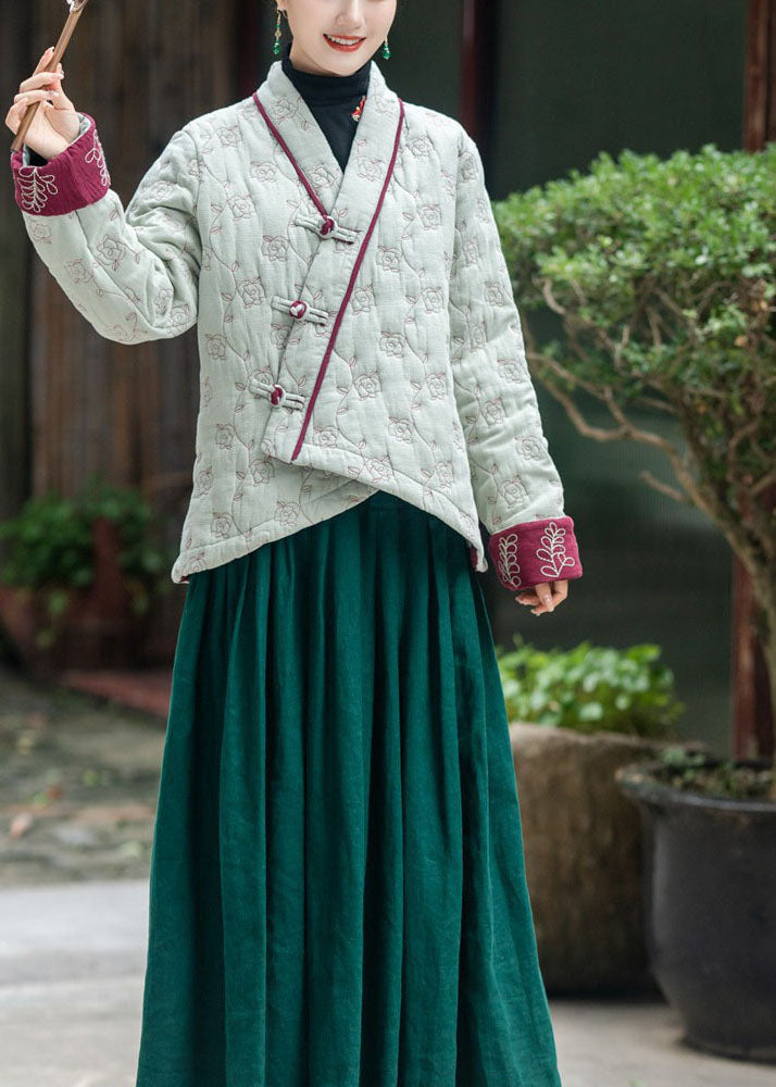Art Light Green Embroideried Oriental Button Fine Cotton Filled Coats Winter - Down Jackets - DYAVOR®