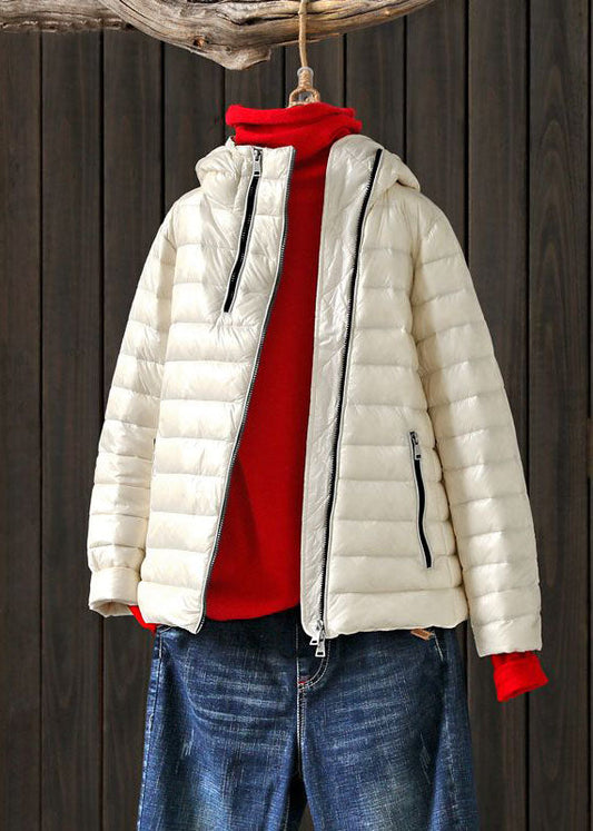Art White Stand Collar Hooded Zip Up Pockets Duck Down Puffer Jacket Winter - Down Jackets - DYAVOR®