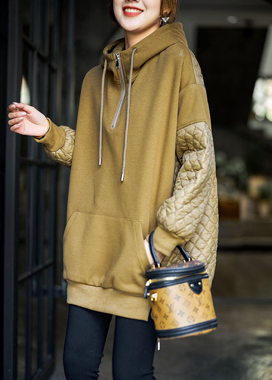 Art Yellow Hooded Drawstring Patchwork Fine Cotton Filled Sweatshirts Top Winter - Down Jackets - DYAVOR®