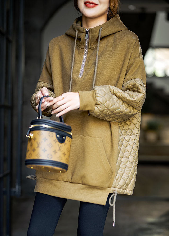 Art Yellow Hooded Drawstring Patchwork Fine Cotton Filled Sweatshirts Top Winter - Down Jackets - DYAVOR®