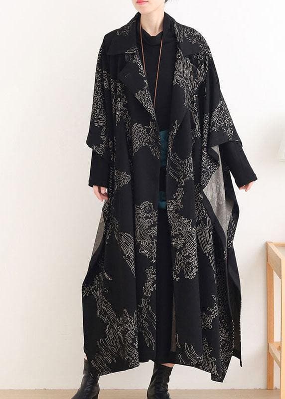 Beautiful Black Print Peter Pan Collar Button Long Trench coats - Trench coats - DYAVOR®