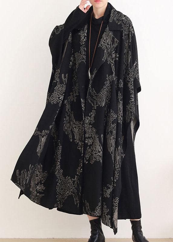Beautiful Black Print Peter Pan Collar Button Long Trench coats - Trench coats - DYAVOR®