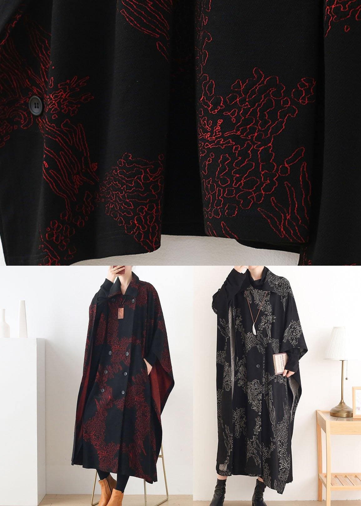 Beautiful Black Print Peter Pan Collar Button Long Trench coats - Trench coats - DYAVOR®