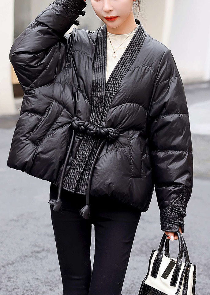 Beautiful Black V Neck Oriental Button Original Design Duck Down Down Coats Winter - Down Jackets - DYAVOR®