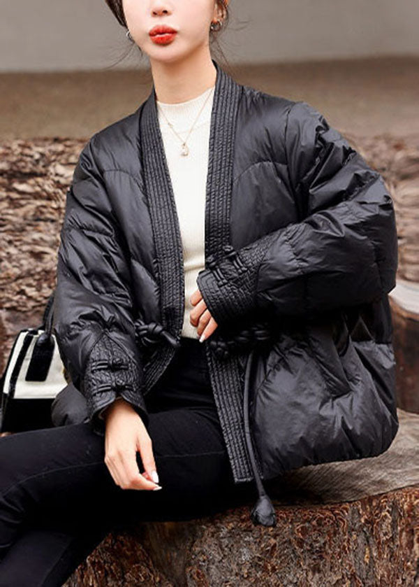 Beautiful Black V Neck Oriental Button Original Design Duck Down Down Coats Winter - Down Jackets - DYAVOR®