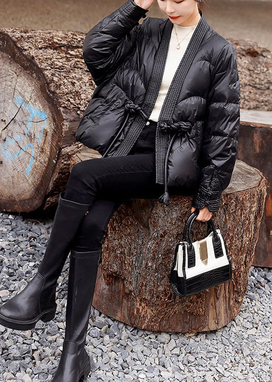 Beautiful Black V Neck Oriental Button Original Design Duck Down Down Coats Winter - Down Jackets - DYAVOR®