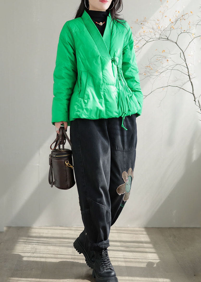 Beautiful Green V Neck Pockets Duck Down Jackets Winter - Down Jackets - DYAVOR®